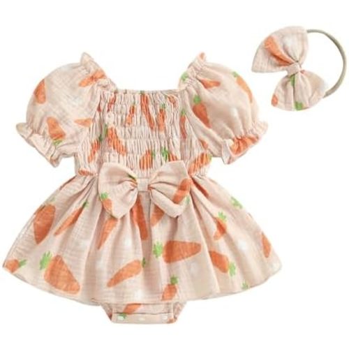 Lamuusaa Newborn Baby Girl Easter Outfit Smocked Bunny/Carrot Romper Cotton Linen Bodysuit Headband Summer Clothes 0-18M
