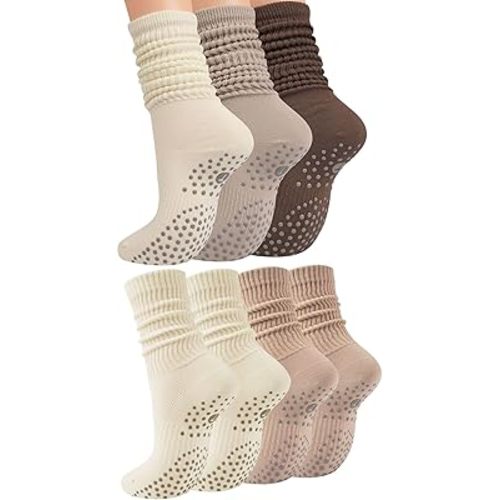 Grip Pilates Slouch and Crew Socks for Women Yoga Barre Workout Hospital Sticky Slipper Socks with Non Slip Grippers 5 Pairs