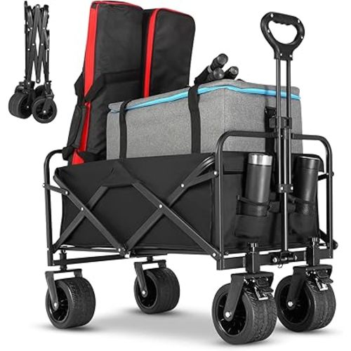 Beach Wagon,Collapsible Wagons Carts Foldable with Big Wheels,Utility Folding Grocery All Terrain Wagon with Side Pocket and Brakes for Sand Camping Sports Outdoor(Metal Black).