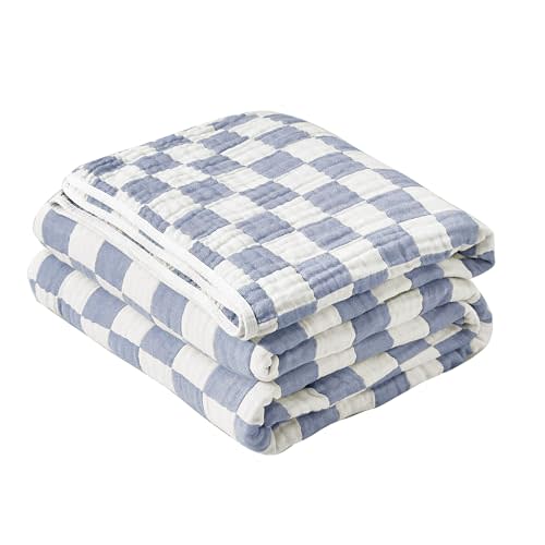 SANACYNA Muslin Blankets 100% Cotton 6-Layer Gauze Blue Checkerboard Cooling Blanket Lightweight Soft and Breathable Swaddle Blanket for Sofa Bed Coverlet Both Sides (Blue Checker, Baby 30"x40")