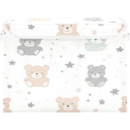 Teddy Bears Storage Box with Lid and Handles Foldable Fabric Storage Bin Closet Organizer Holiday Baby Basket for Nursery Decor Bedroom Home Organzing