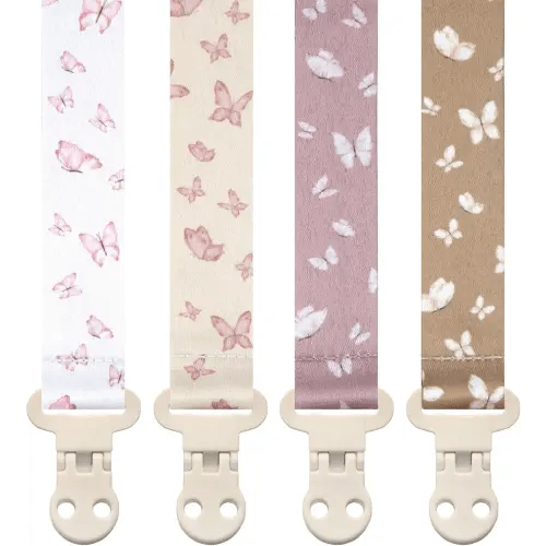 Stadela Baby Pacifier Clip Holder - Girl or Boy Unisex 4 Pack Gift Set – Blush Pink and Beige Butterflies (Anabella)