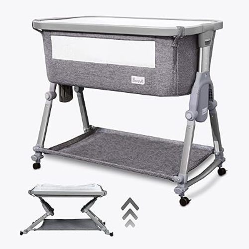 Baby Bassinet Bedside Sleeper for Baby, Li’l Pengyu Foldable Bassinet with Rocking Cradle Mode, Free-Installation & Quick-Folding Bedside Crib, Come with Comfy Mattress and Portable Bag (Cloth)
