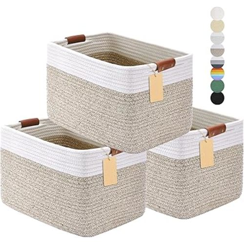 Storage Basket, 15" Lx11 Wx9.5 H Cotton Rope Baskets for Organizing, Woven Baskets for Storage with Handles, Decorative Baskets for Shelves, Storage Bins for Living Room-3 Pack,White Brown