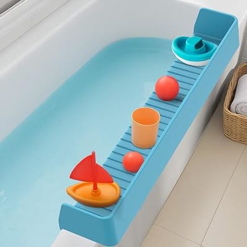 Bathtub Splash Guard for Tub Kids, Longer Silicone Water Splash Guard for Bathtub, Toy Holder Play Shelf for Bathtime, Prevents Water Spills in Bathroom (2.6 FT)