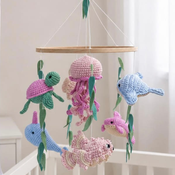Ocean baby mobile. Nautical baby mobile. Ocean baby mobile with Narwhal, Jellyfish, Turtle, Stingray fish, Shark, Starfish and Puffer fish