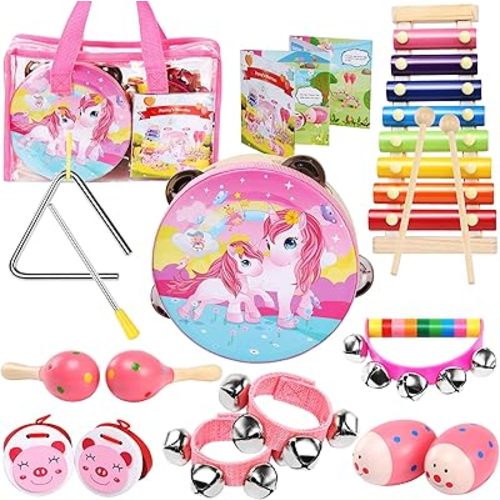 oathx Baby Musical Toys for Toddler Kids Musical Instruments Girls Toys 14 Pcs, 1st Birthday Girl Gifts with Wood Xylophone Tambourine Maracas Egg Shaker Pink