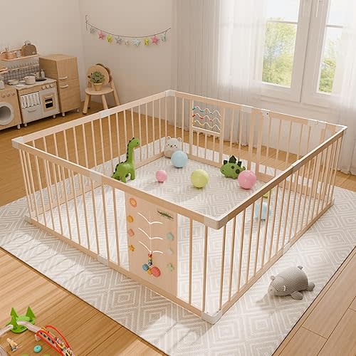 Large Wooden Playpen with Safety Lock, Play Pen for Babies and Toddlers, Kids Play Yard Area with Interactive Toys, Size Adjustable Activity Center for Children, Indoor Play Fence, 63” × 63”× 24”