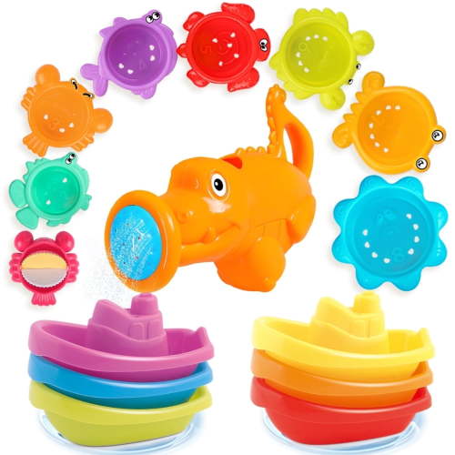 Baby Bath Toys for 6-12-18 Months Infant,15 PCS Kids Bathtub Toys with Floating Boats, Stacking Cup Shower,Babies Water Table Pool Toy Birthday Gift for Toddler1-3