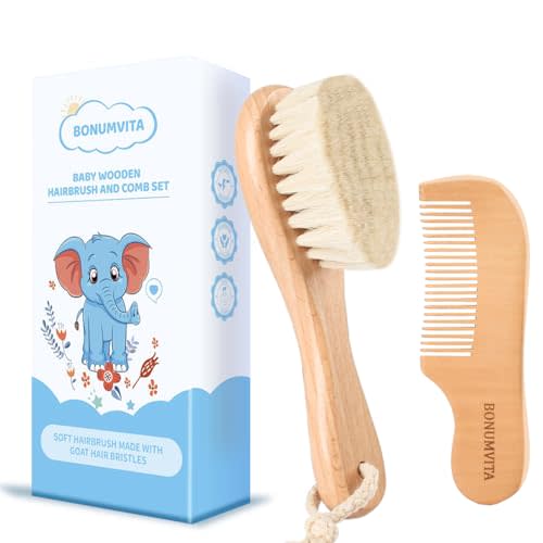 BONUMVITA Baby Hair Brush and Comb Set, Wooden Baby Hair brush with Soft Goat Bristle and Wood Comb for Newborn Essentials, Good for Cradle Cap
