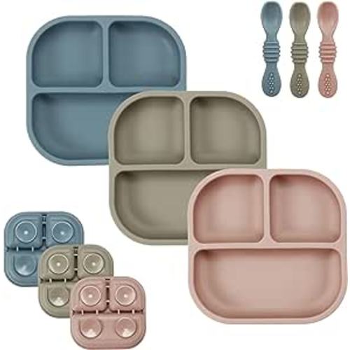 Amazon.com: PandaEar Suction Plates for Baby, 3 Pack Silicone Plates & Spoons for Baby Toddlers Infant Kids, Divided Toddler Suction Plate Baby Dish Set, Non-Slip, Non-Toxic, BPA Free : Baby