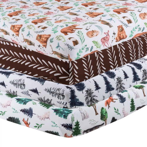 4 Pack Woodland Forest Animals Wood Neutral Unisex Fitted Baby Crib Sheets Set for Baby Boys or Girls