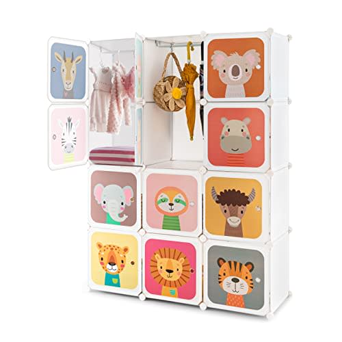 Costzon Kids Closet, Cartoon DIY Modular Dresser Storage Organizer with 12 Cubes & 2 Clothes Hanging Rack, Portable Armoire for Baby Toddlers, Kids Wardrobe for Bedroom Nursery (White)