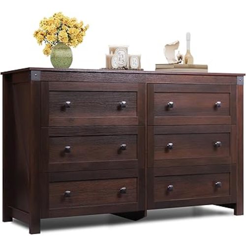 WLIVE Farmhouse 6 Drawer Dresser for Bedroom, 53.07'' Wide Wood Dresser, Storage Organizer with Double Rustic Handle, TV Stand for 60 inch TV, Chest of Drawers for Living Room, Hallway, Brown