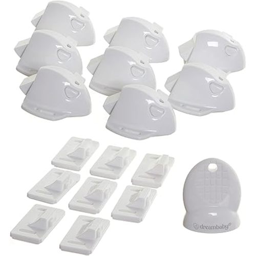 Dreambaby Adhesive Mag locks (8-Pack 1 Key) - Child Proofing Cabinet Magnetic Latches - White- Model L859