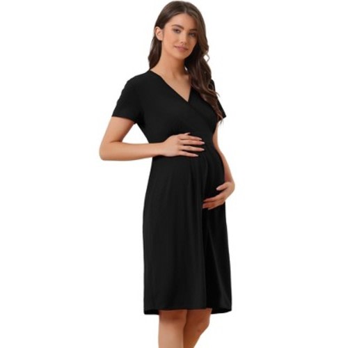 cheibear Womens Tie Back Casual V-Neck Maternity Short Sleeve Lounge Dress Black X Small