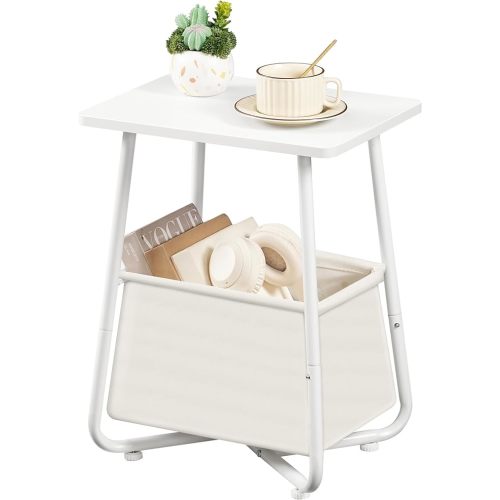 Nursery Side Table, Small End Table for Small Spaces, Nightstand with Fabric Basket, for Nursery, Living Room, Bedroom, White TBZ13WB