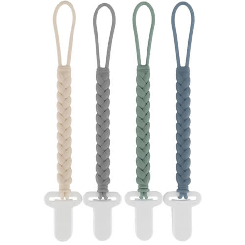 4-Pack Silicone Pacifier Clips with One-Piece Beads for Baby Boys and Girls - Flexible and Rust-Free Holders for Teething Relief and Baby Essentials, Safe for Newborns (Grey)