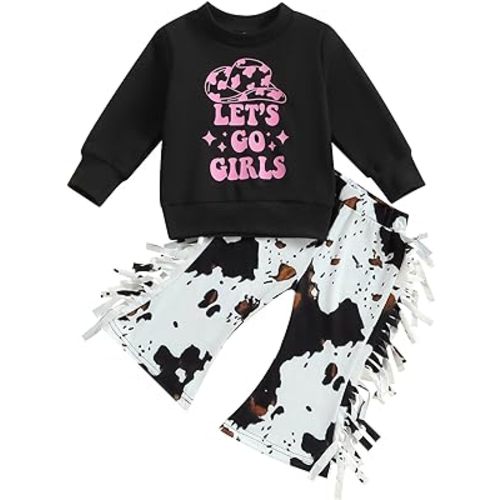 Toddler Baby Girl Cowboy Outfits Western Cowgirl Howdy Sweatshirt Cow Flare Pants Set Cute Fall Clothes
