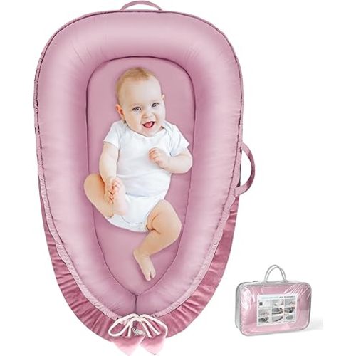 Baby Lounger - Baby Lounger for Newborn 0-24 Months, Breathable & Soft Cotton and Velvet Cover Co Sleeping Baby Nest, Baby Essentials & Shower Gifts, Portable Infant Lounger for Home and Travel