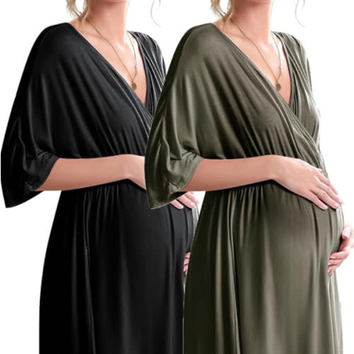 Ekouaer 3 in 1 Labor/Delivery/Hospital Gown 2 Pack Maternity Dress Nursing Nightgown Sleepwear
