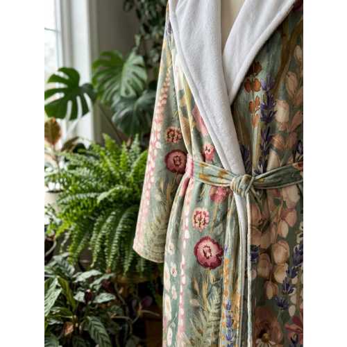 Sage Green Wildflower Plush Robe, Cottagecore Floral Hooded Loungewear