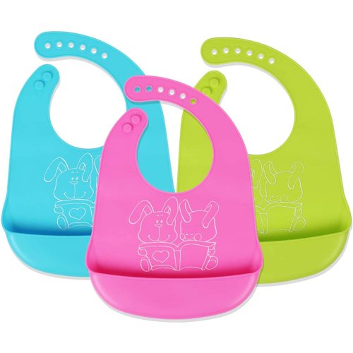 Waterproof Silicone Baby Bib, Easy to Clean, Dry, Portable and Keep Stains Off, Comfortable and Adjustable Soft Feeding Bibs for babies or Toddlers (6-72Months), Set of 3 Colors