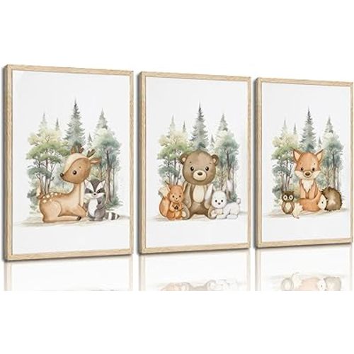 3 Pcs Nursery Woodland Animals Canvas Wall Art Fox Bear Deer Painting Picture Wall Decor Cute Wild Animals Poster Print Artwork For Baby Bedroom Kids Room Home Decoration (16inx24in Unframed)