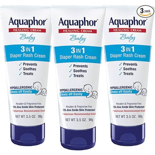 Aquaphor Baby Diaper Rash Cream, 3-in-1 Diaper Rash Relief, 3.5 Oz Tube, Pack of 3