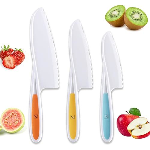Toddler Knife Set, Plastic Kids Knife Set for Real Cooking, Round Tips with Serrated Edges, Perfectly Safe Kids Knife Set (Orange, Blue, Green)