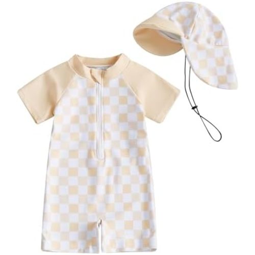 Baby Boy Girl Swimsuit Toddler Checkered Print Half Zip One Piece Bathing Suit Swimsuit Rash Guard Surfing Suit Hat