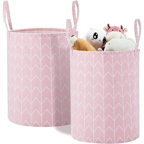 TECHMILLY Large Storage Basket for Girls and Boys, Collapsible Laundry Hamper with Long Handles, Toy Bins for Nursery, Kids Room Décor
