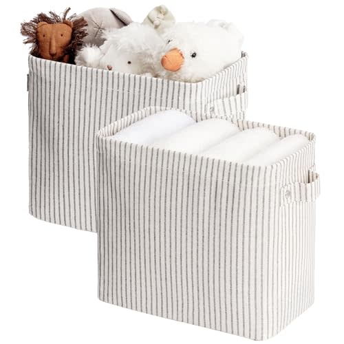 StorageWorks Narrow Storage Bins, Small baskets for Shelves, Long Narrow Storage Basket with Handles, Fabric Storage Bins for Home, Office, Closet, Toilet Paper Storage, Gray and White Stripes, 2-Pack