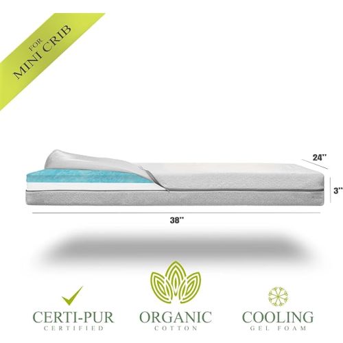 Organic Cotton Dual-Sided Mini Crib Mattress, 38x24x3 Premium Memory Foam 2-Stage CertiPUR-US Hypoallergenic Baby Mattress Firm Support for Infant Cooling Gel for Toddler Waterproof & Washable Cover