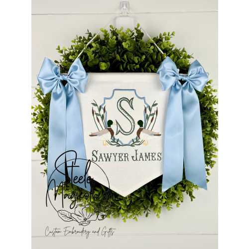 Mallard Duck Baby Banner Hospital Door Announcement Sign Embroidered Bespoke Banner for Nursery Personalized Mallard Boy Baby Shower Gift