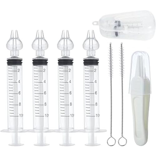 PandaEar Baby Nasal Irrigator with Portable Box, Professional Baby Nasal Irrigator with Tweezers & Cleaning Brush for Newborn Infants Kids Children, High Quality and Clean Silicone Nasal Tips, 4pcs