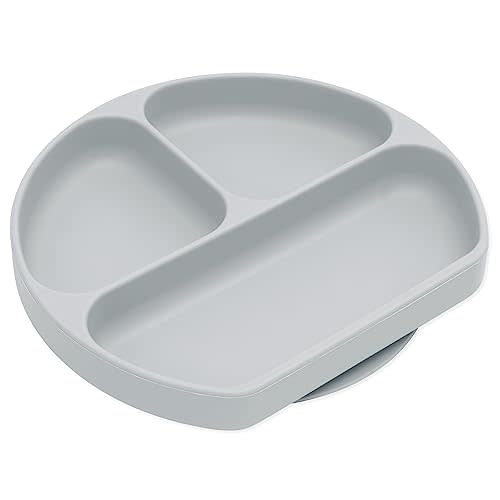 Bumkins Toddler and Baby Suction Plate, Divided Grip Dish for Babies and Kids, Baby Led Weaning, Feeding Supplies, Sticks to Tables and Highchairs, Platinum Silicone, for Chidren 6 Months, Gray