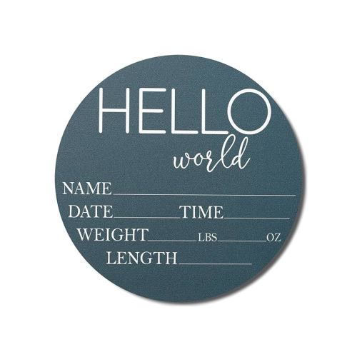Hickory Hollow Designs - Baby Announcement Sign for Newborn Boys and Girls (Color Bases) - Hello World Nursery Decor Sign & Photo Prop for Babies Made of Birch Wood - 6" Circle Board (Blue)