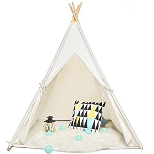 Sisticker Teepee Tent for Kids with Feathers Bunting Carry Bag - Kids Gifts for Girls and Boys Children Toys - Foldable Large Playhouse Indoor and Outdoor (White)
