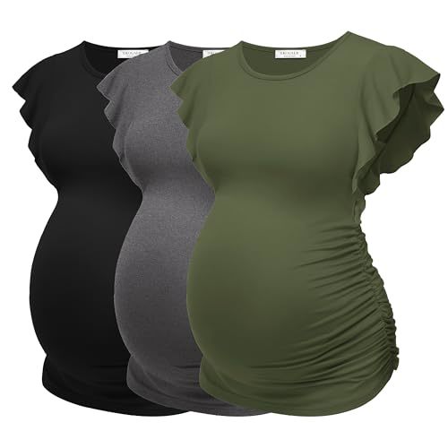Ekouaer Women's Maternity Shirts 3 Packs Flying Short Sleeve Pregnancy Tops Side Ruched Tunic Blouse Mama Clothes S-XXL