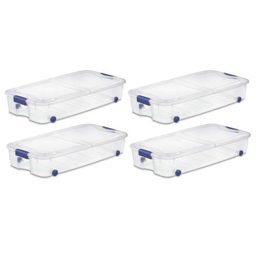 Sterilite 66 Quart Wheeled Latch Box, Clear Underbed Storage Bin with Lid, Blue, 4 Count