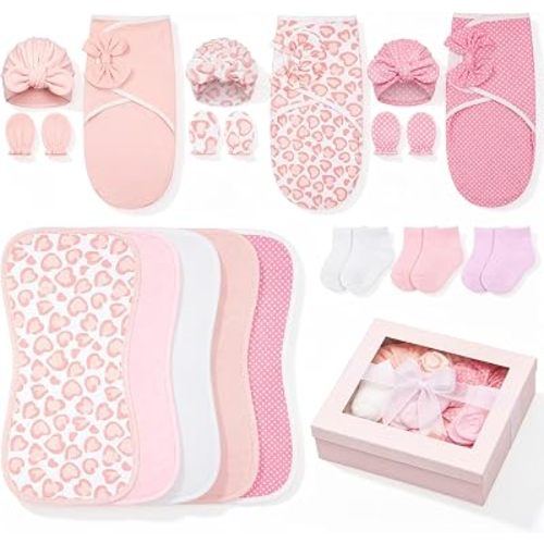 Ramede 18 Pack Newborn Baby Gift Set, Cotton Swaddle Blankets with Hats Mittens Burp Cloths Socks for Girls & Boys, Set Adjustable Newborn Layette Essentials Kit(Pink,Preemie)