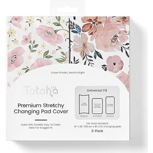 TotAha Premium Stretchy Changing Pad Covers (2-Pack) Hypoallergenic, Silky Comfort, Buttery Soft, Calming Effect, All-Season Jersey-Knit 5'' Deep Pocket(Meredith Allover Floral & Pale Pink Flowers)