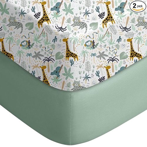 Pack and Play Sheets Fitted, Mini Crib Sheets 2-Pack for Pack N Play Mattress, Stretchy Playard Sheet, Soft and Breathable Green+Giraff