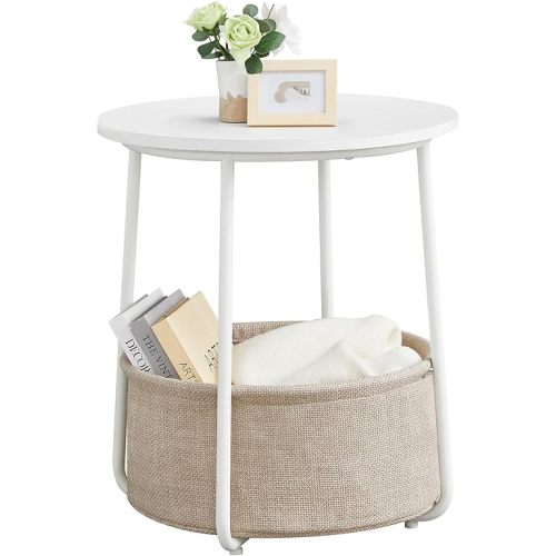 VASAGLE Small Round Side End Table, Modern Nightstand with Fabric Basket, Matte White and Camel Brown ULET223W10