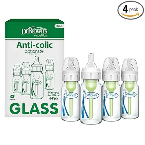 Dr. Brown's Anti-Colic Options+ Narrow Glass Baby Bottle with Level 1 Slow Flow Nipple, BPA-Free, 4 oz/120mL, 4-Pack