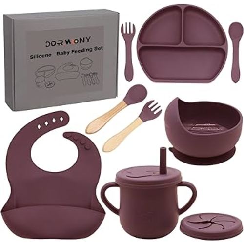 100% Silicone Baby Feeding Set, BPA Free Dishes With Suction Bowl, Divided Plate, Toddler Self Feeding Utensils, Spoons, Forks, Sippy Cup and Bib (Dark Red)