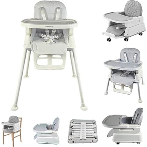 Popup closed 7-in-1 Fully Convertible Baby High Chair – Newborn to Toddler Booster, Foldable & Portable, Easy-Clean Washable Cushion, Removable Tray, 5-Point Safety Harness – Grows with Your Child (Grey)