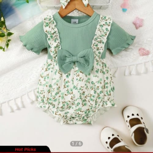 Fashionable Baby Girl 2 In 1 Romper With Ditsy Floral, Bow Decoration, And Headband Set, Summer | SHEIN USA