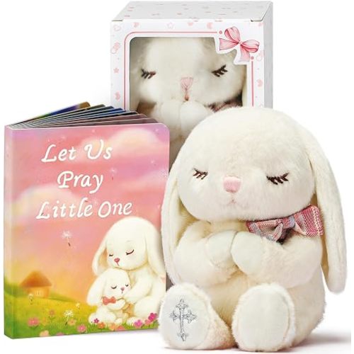 MyMateZoe Baptism Gifts for Girl, Great Christening, Dedication and Baptism Gift Set for Girl and Newborn Baby, Includes 7" Praying Bunny Plush Toy and Let Us Pray Baby Book in Keepsake Gift Box